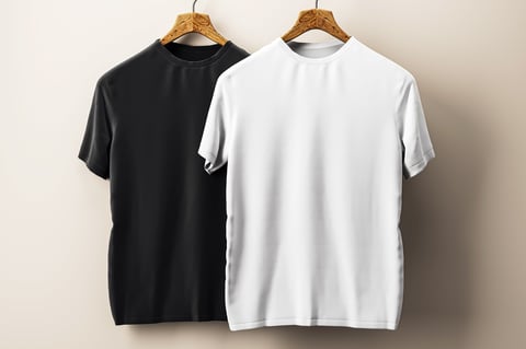 Black and white t-shirts on wooden hangers, displayed against a beige wall